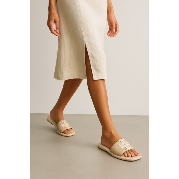 Tory Burch Women Leather Slide Sandals Double T Logo Beige Cream Flat Slip On 10 - Picture 1 of 12